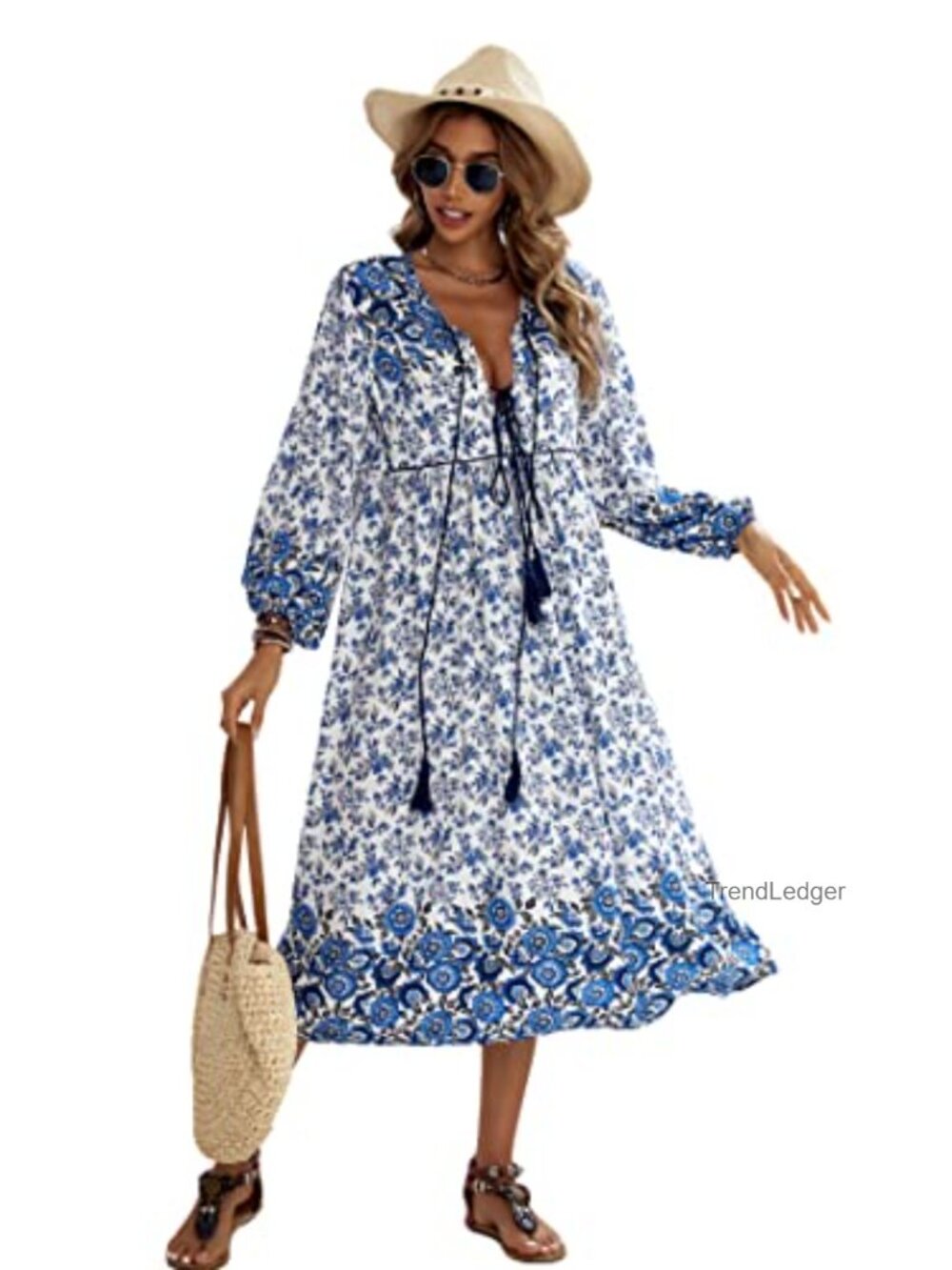 Cotton Rayon Bohemian Midi Dress with Tassel V-Neck Long Sleeve